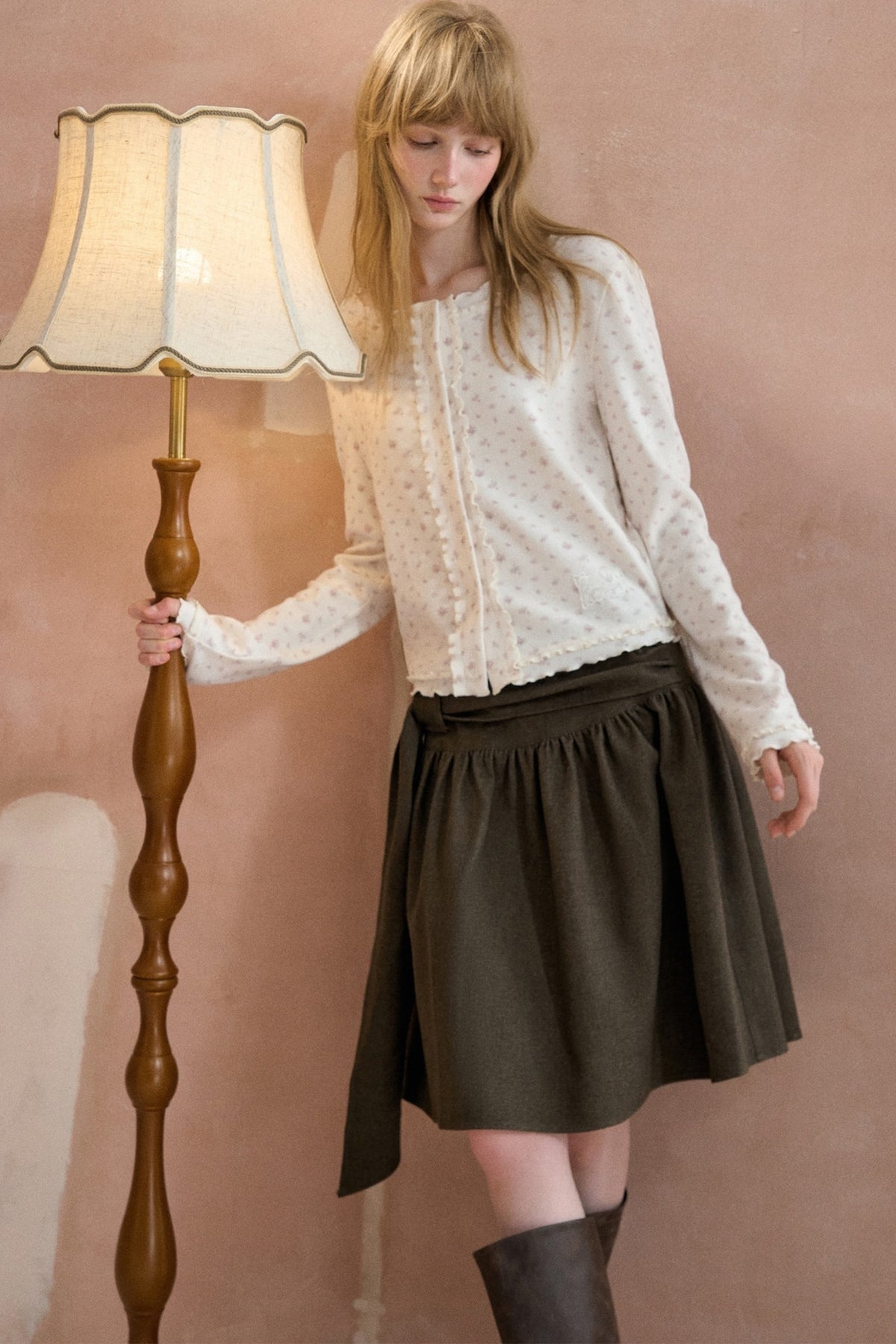 Tie-Waist Pleated A-Line Skirt