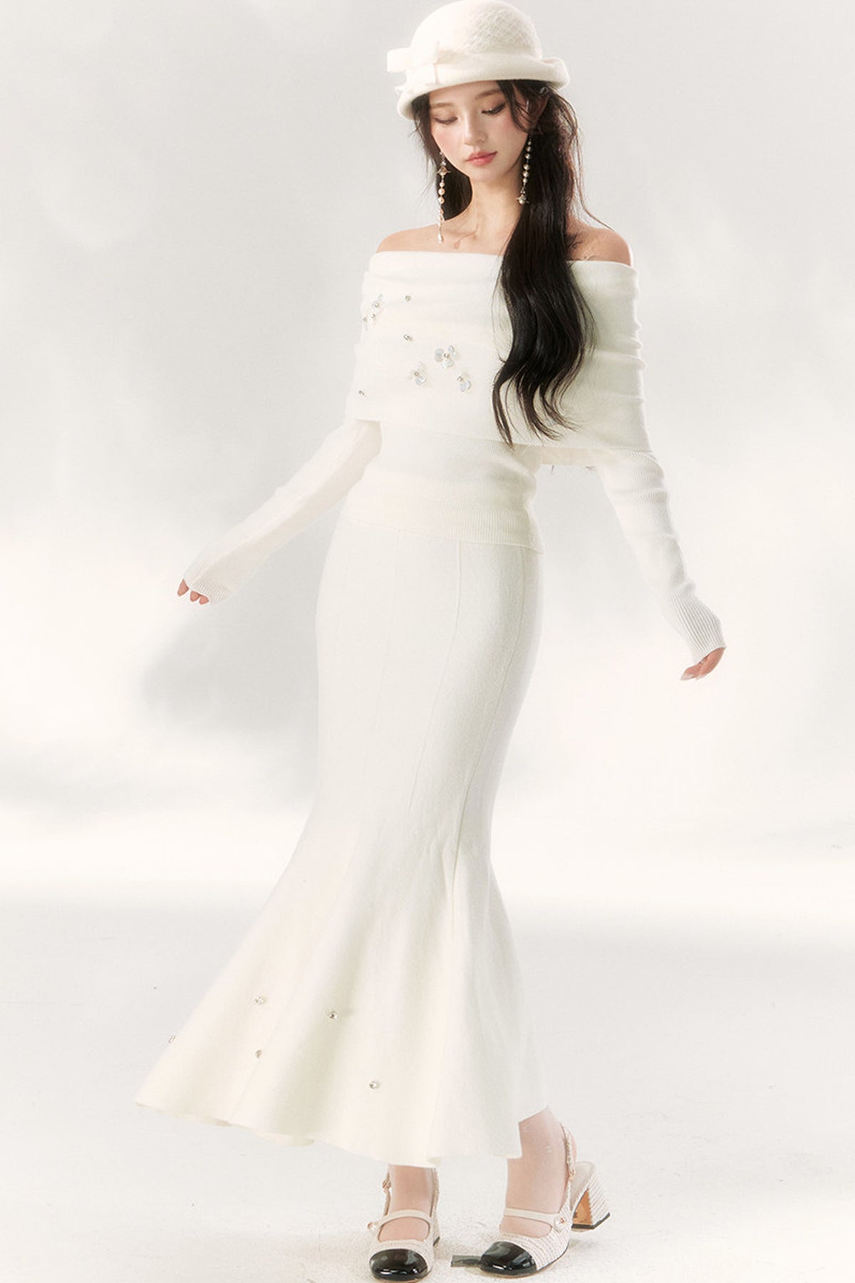 Diamond-Studded Knit Fishtail Skirt