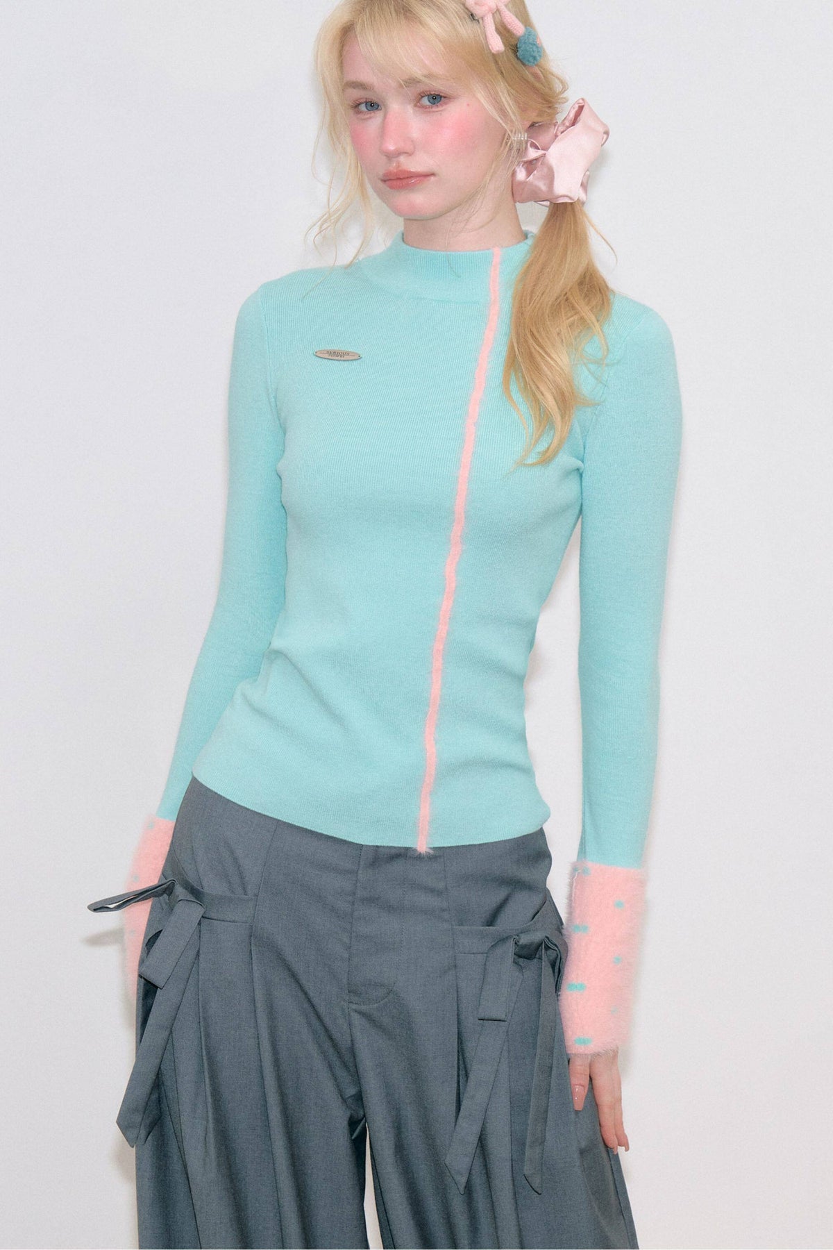 Blue High Neck Knit Top