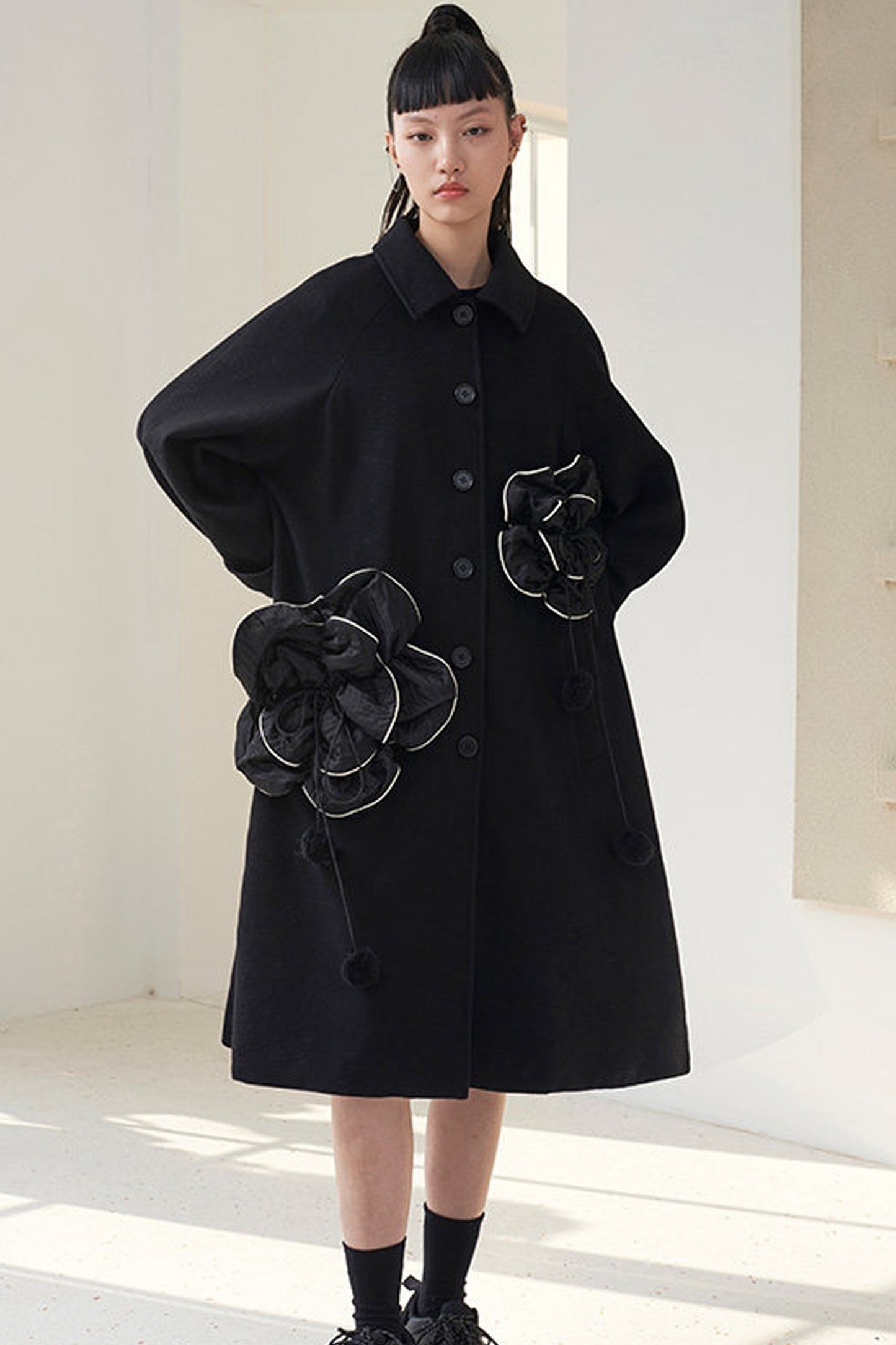 Floral Pleated Wool Coat