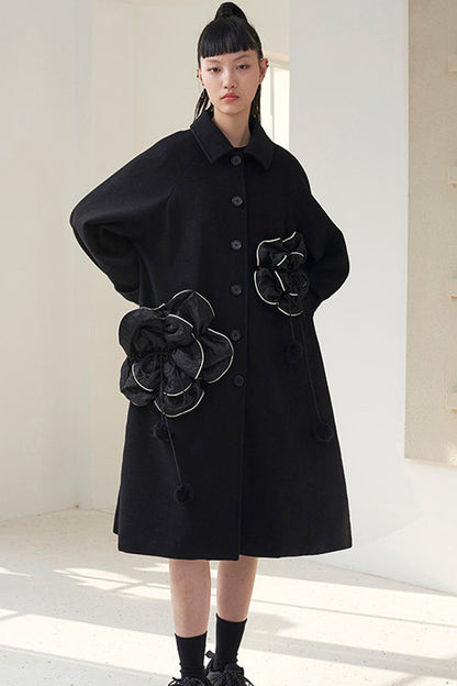 Floral Pleated Wool Coat