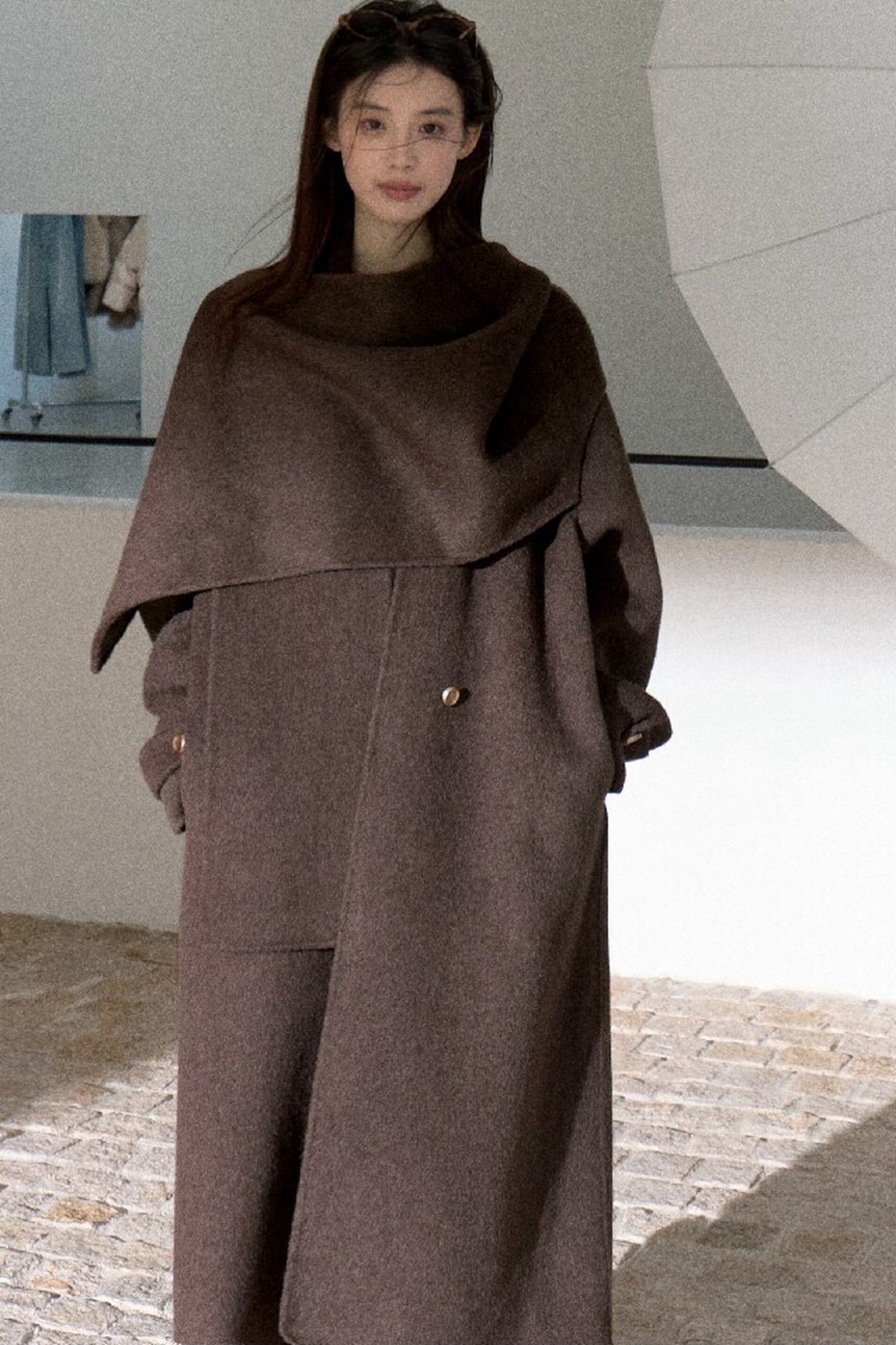 Double-Sided Wool Scarf Collar Coat
