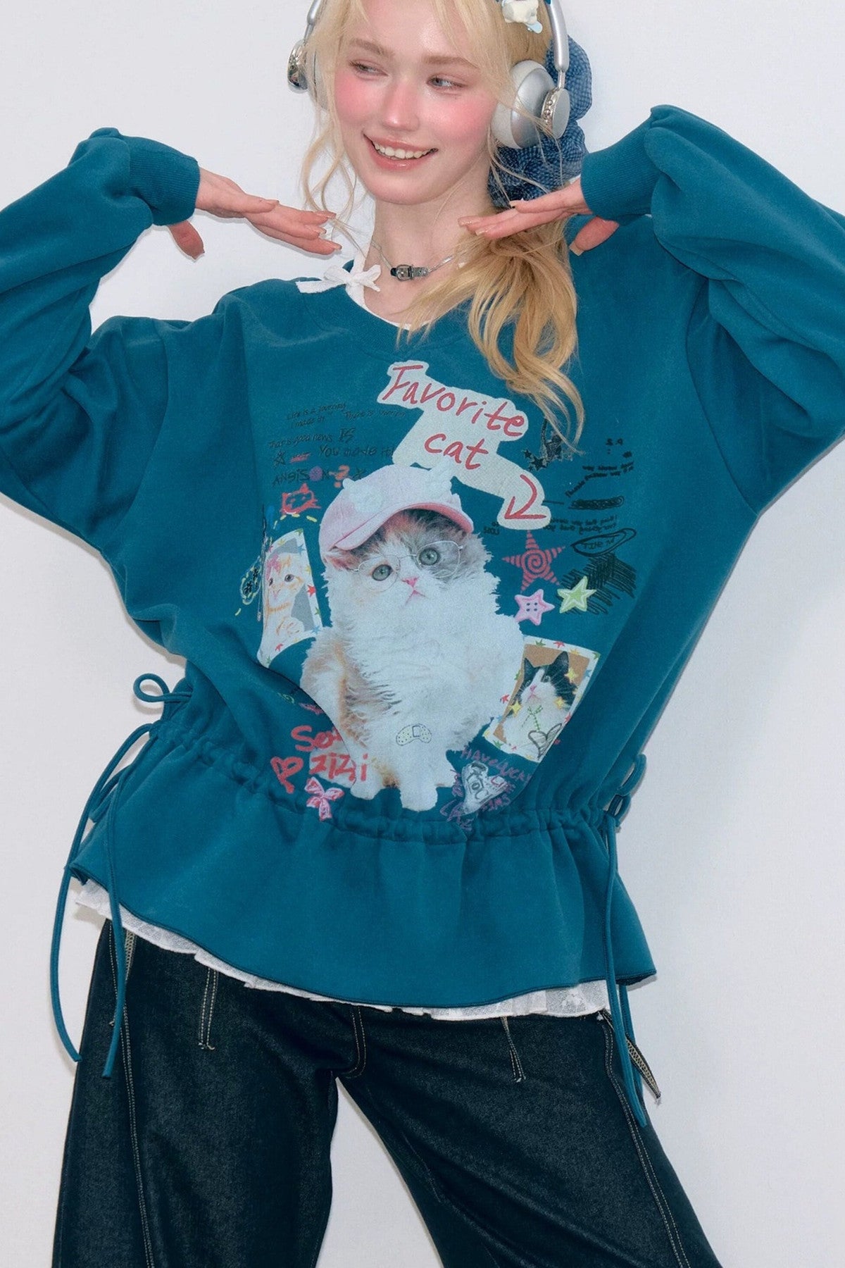 Cat Print V-Neck Drawstring Hem Sweatshirt