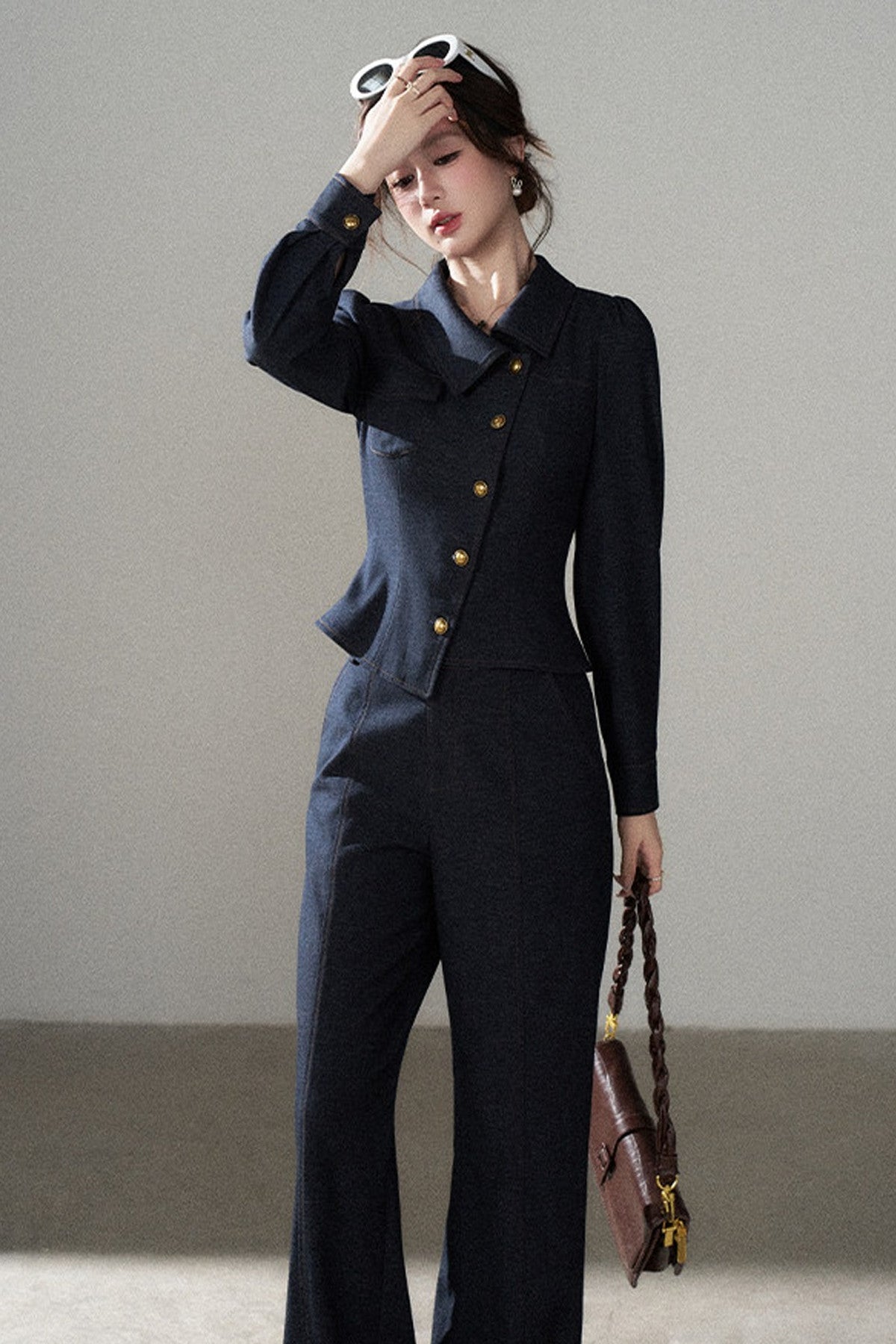 Asymmetrical Lapel Blue Top and Pants Set-Up