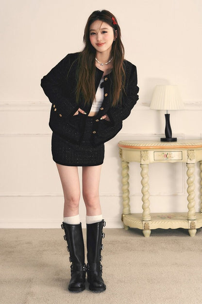 Velvet Patchwork Tweed Jacket and Skirt Set-Up