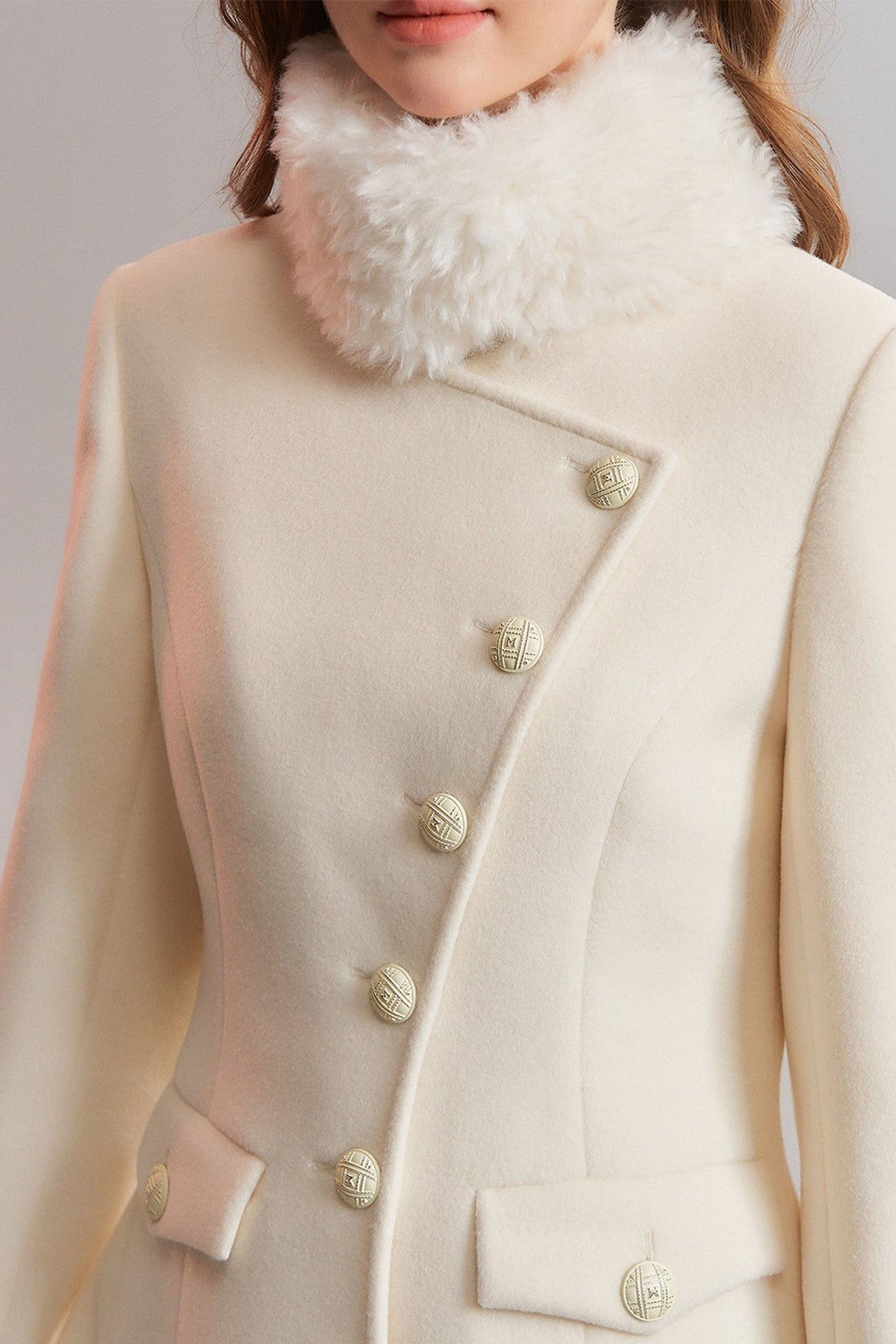 White Diagonal Collar Fur Stand Collar Coat
