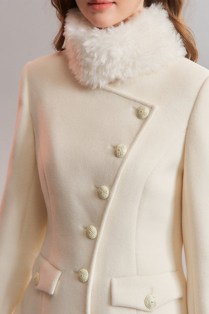 White Diagonal Collar Fur Stand Collar Coat