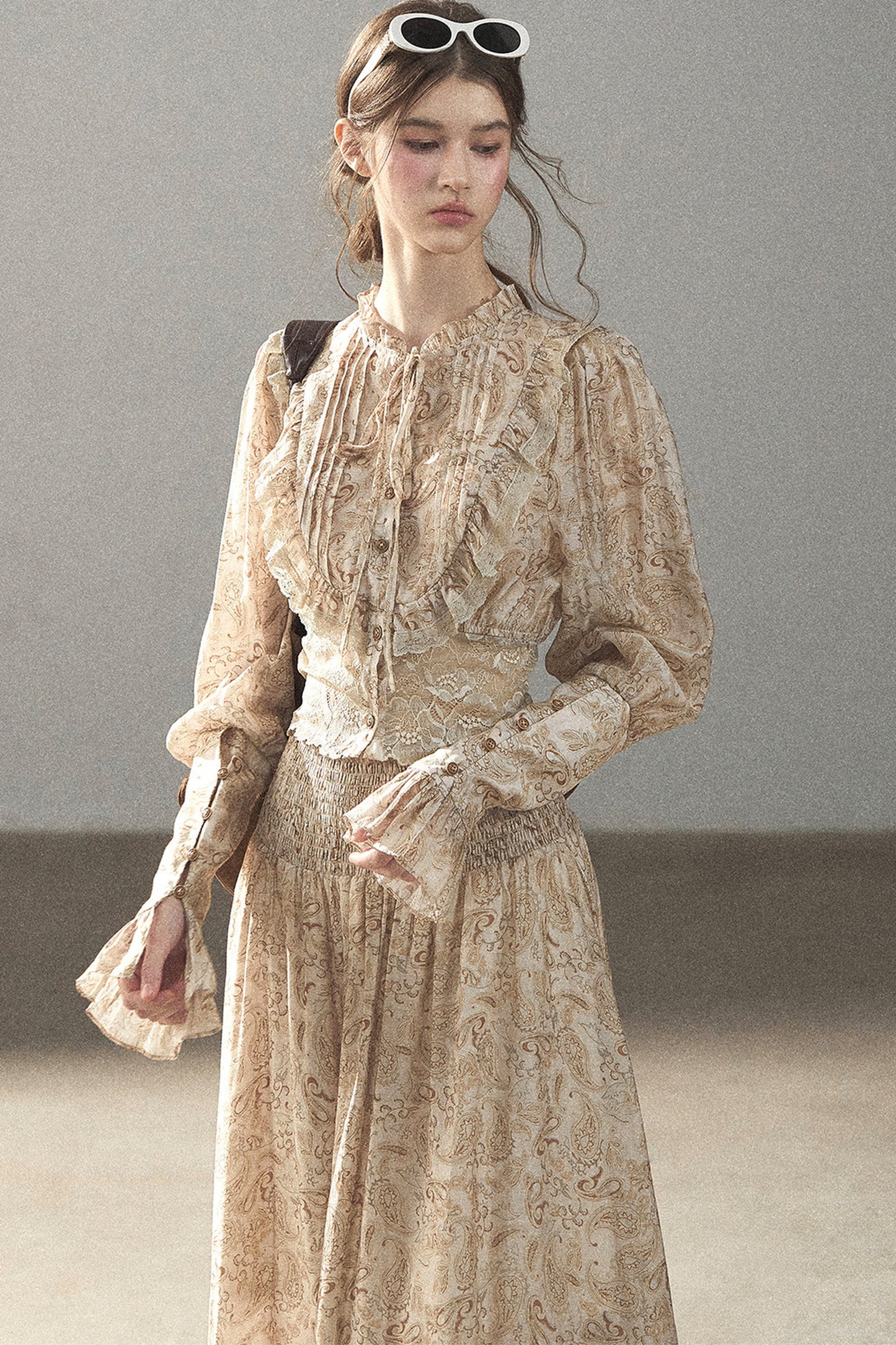 Retro Printed Chiffon Blouse and Skirt Set-Up