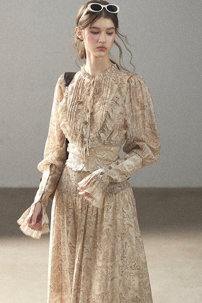 Retro Printed Chiffon Blouse and Skirt Set-Up