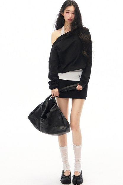 Black Asymmetrical Shoulder Long-Sleeve Top and Skirt Set-Up