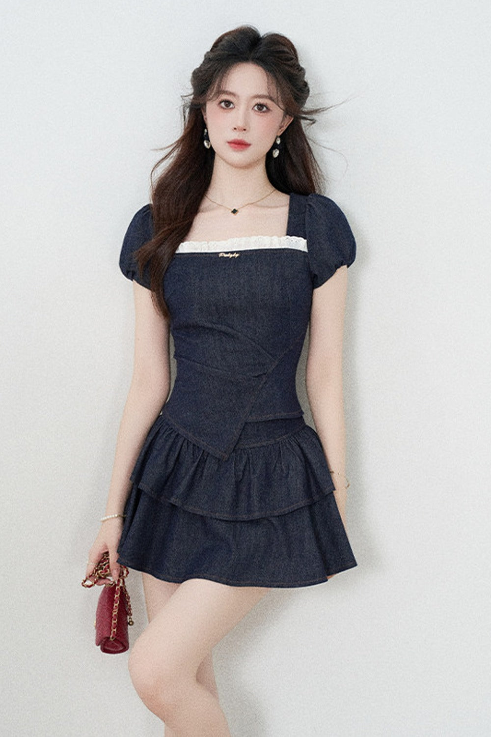 Denim Puff Sleeve Top And Skirt Set