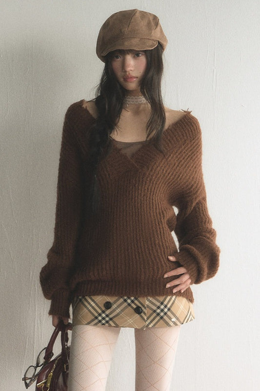 Brown V-Neck Ribbed Pullover