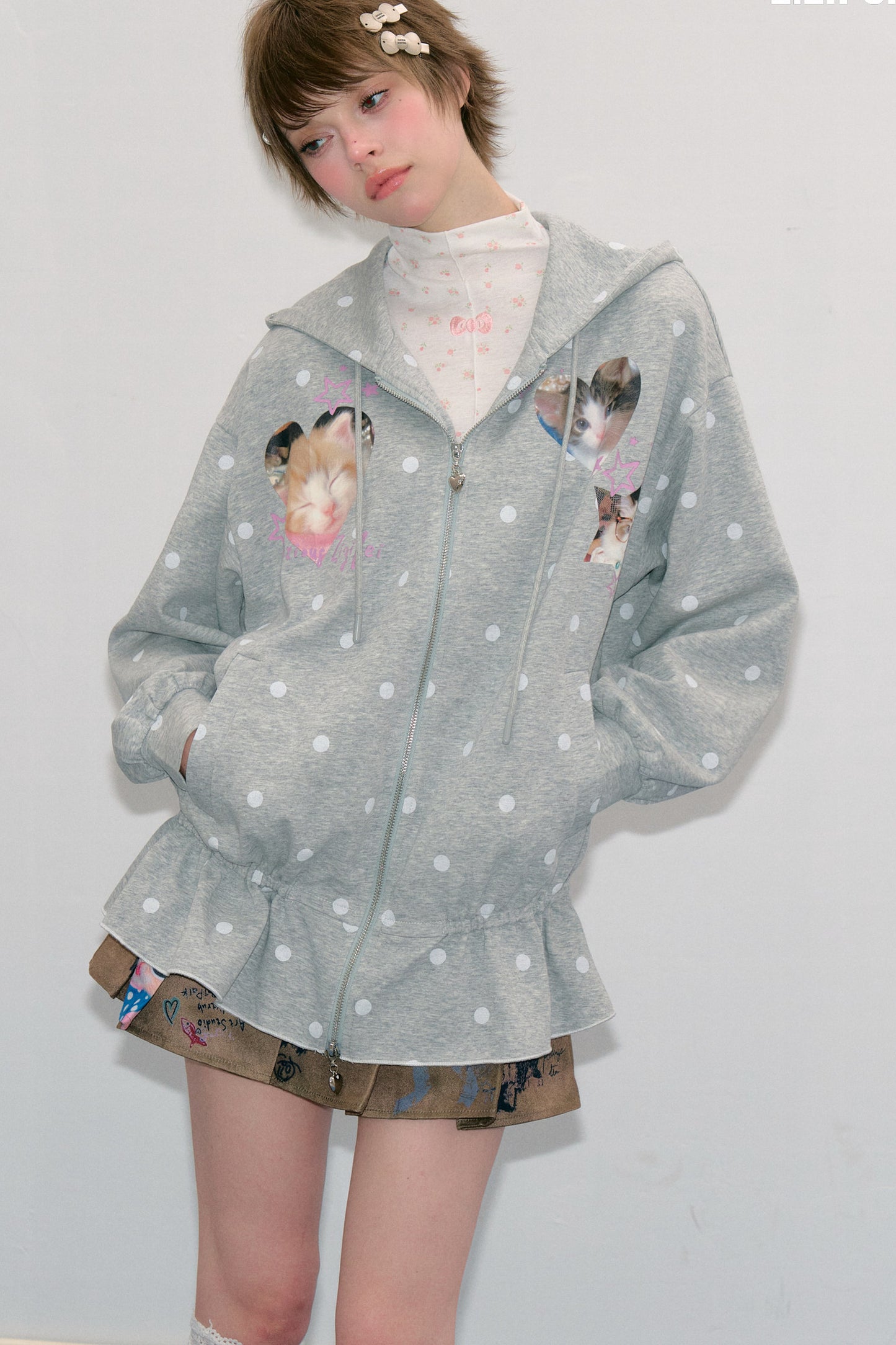Cat Polka Dot Zipper Hooded Jacket