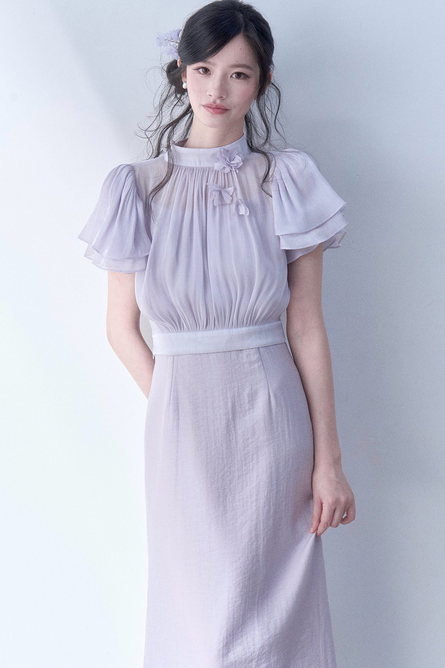 Petal Flutter Sleeve Top and Long Dress