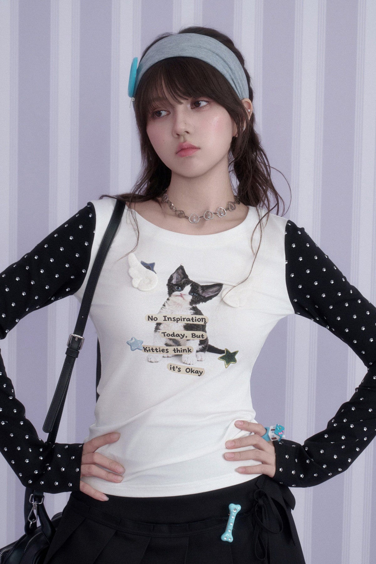 Cat Print Waist-Cinching T-Shirt