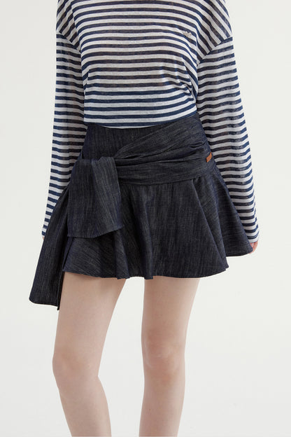 Navy Striped Long-Sleeve Top and A-Line Denim Skirt Set