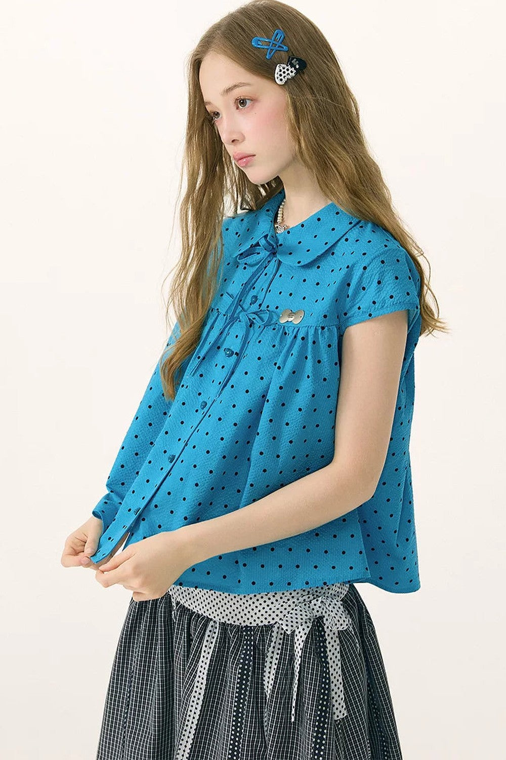 Blue Polka Dot Bow Blouse