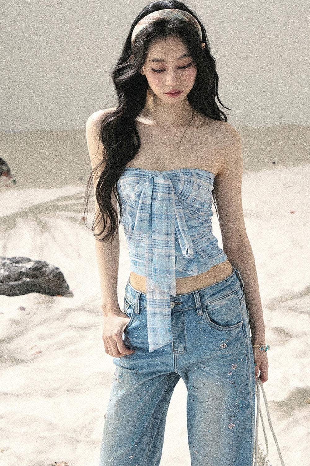 Blue Danube Plaid Bow Tube Top Set-Up