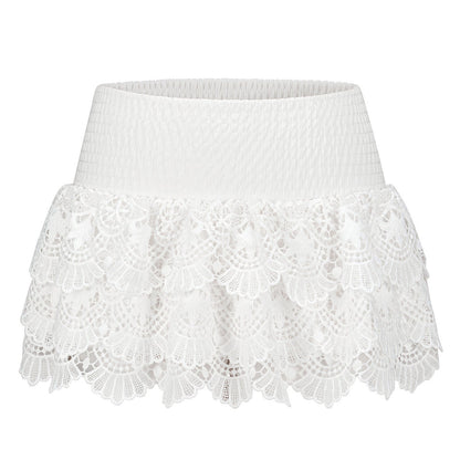 White Multi-Layered Ruffle Lace Mini Skirt
