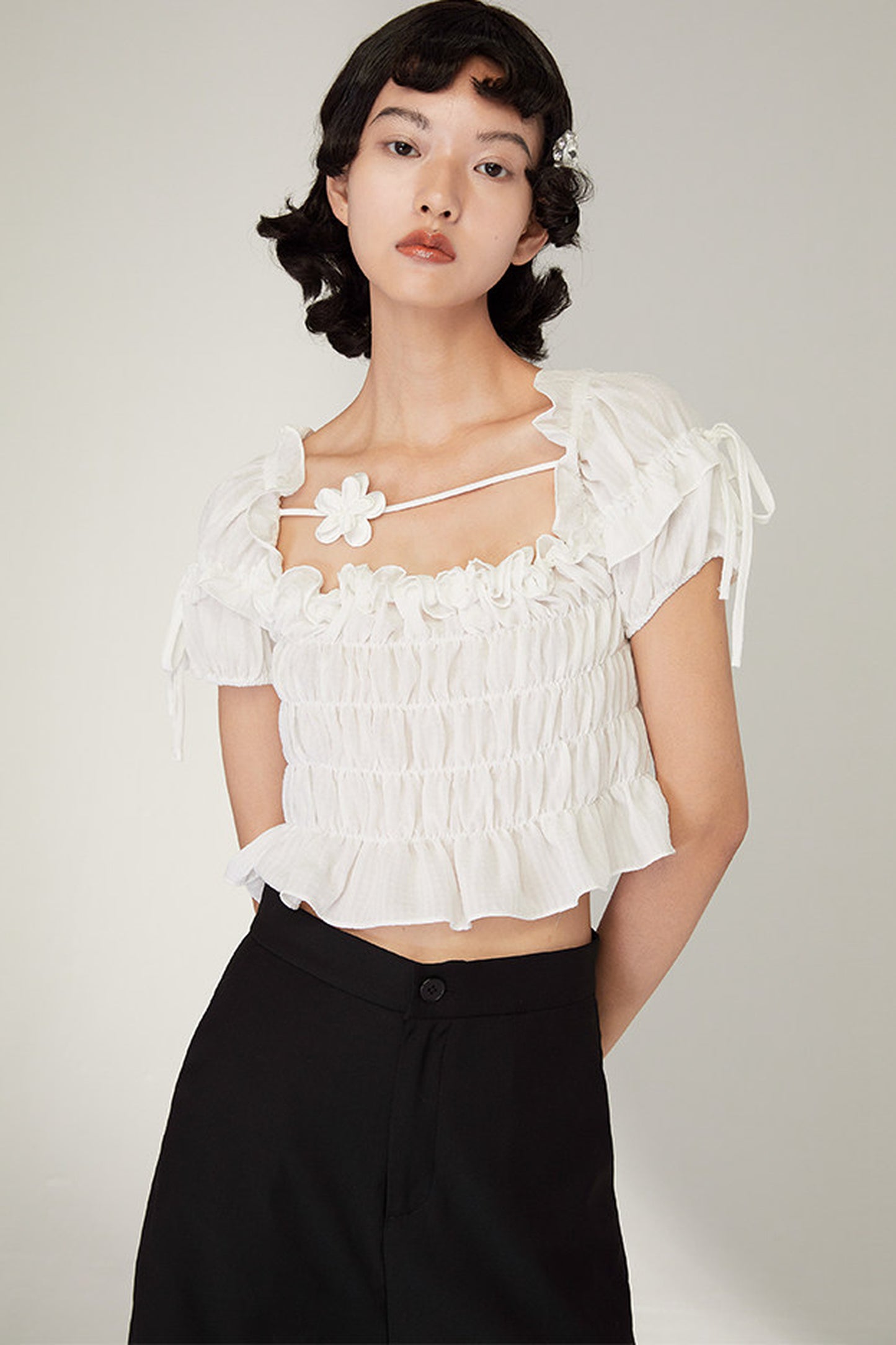 French-Style Black Ruffled Smocked Blouse