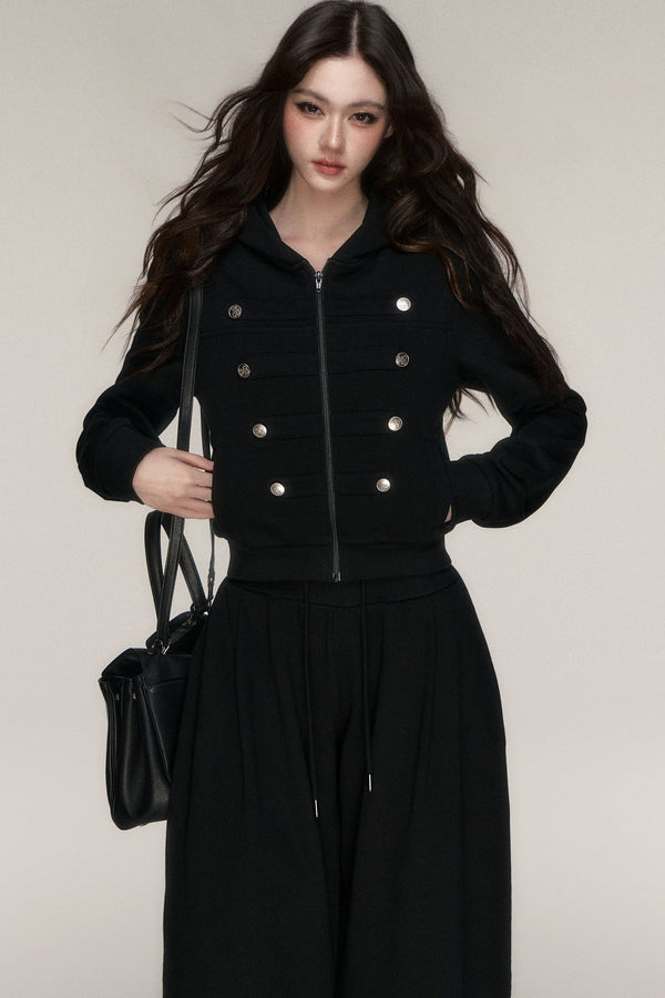 Short Waist-Cinching Zip-Up Hoodie and Wide-Leg Sweatpants Set-Up