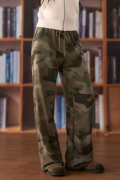 High-Waist Drawstring Camo Wide-Leg Pants