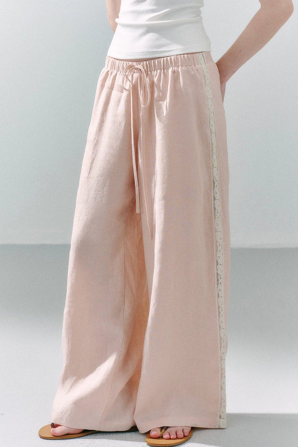 Pure Linen Lace-Trimmed Wide Leg Pants