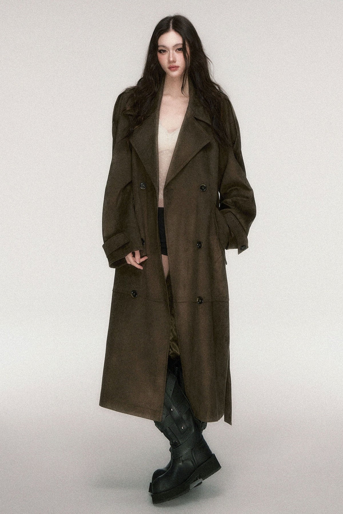 Brown Coffee Suede Long Trench Coat