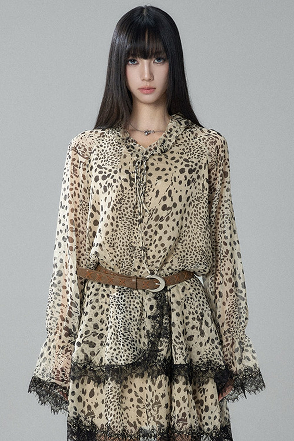 Long-Sleeve Chiffon Leopard Print Dress