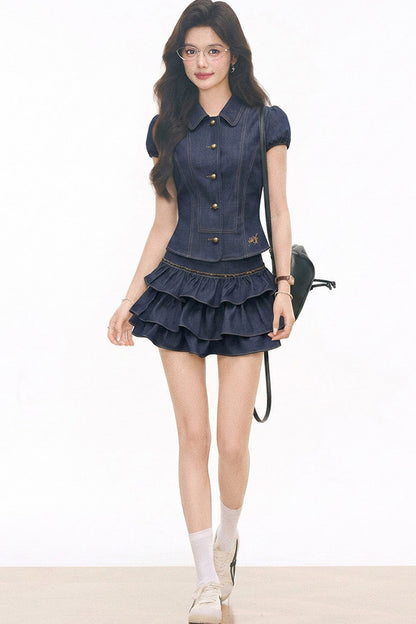 Completo estivo in finto denim con blusa e gonna