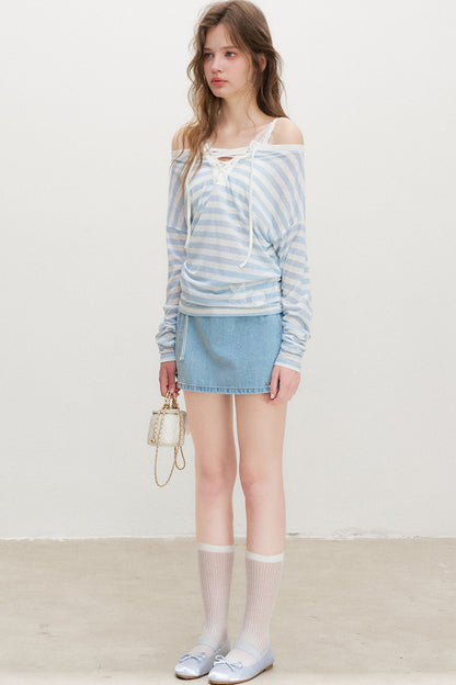 Striped Tie-Waist Top and Denim Skirt Set-Up