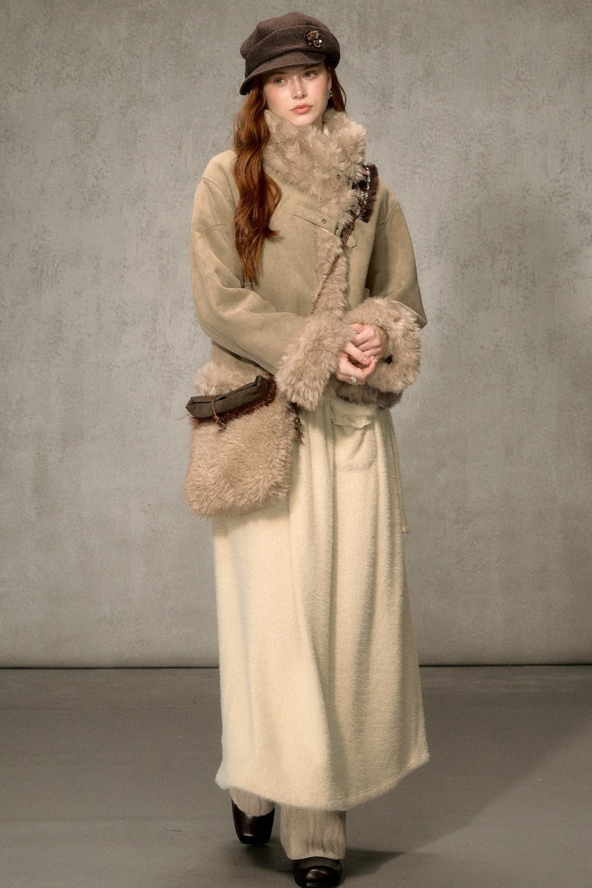 Oatmeal Chocolate Fur Trim Asymmetrical Jacket