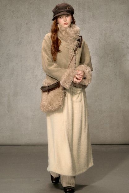 Oatmeal Chocolate Fur Trim Asymmetrical Jacket
