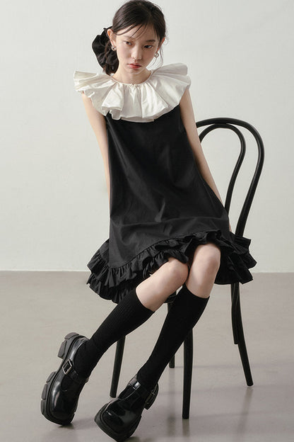 Black White Contrast Ruffle Collar Sleeveless Dress