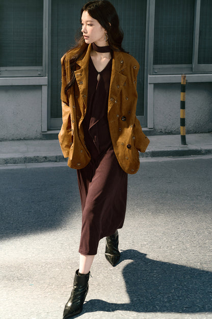 Beaded Suede Detachable Fur Collar Jacket