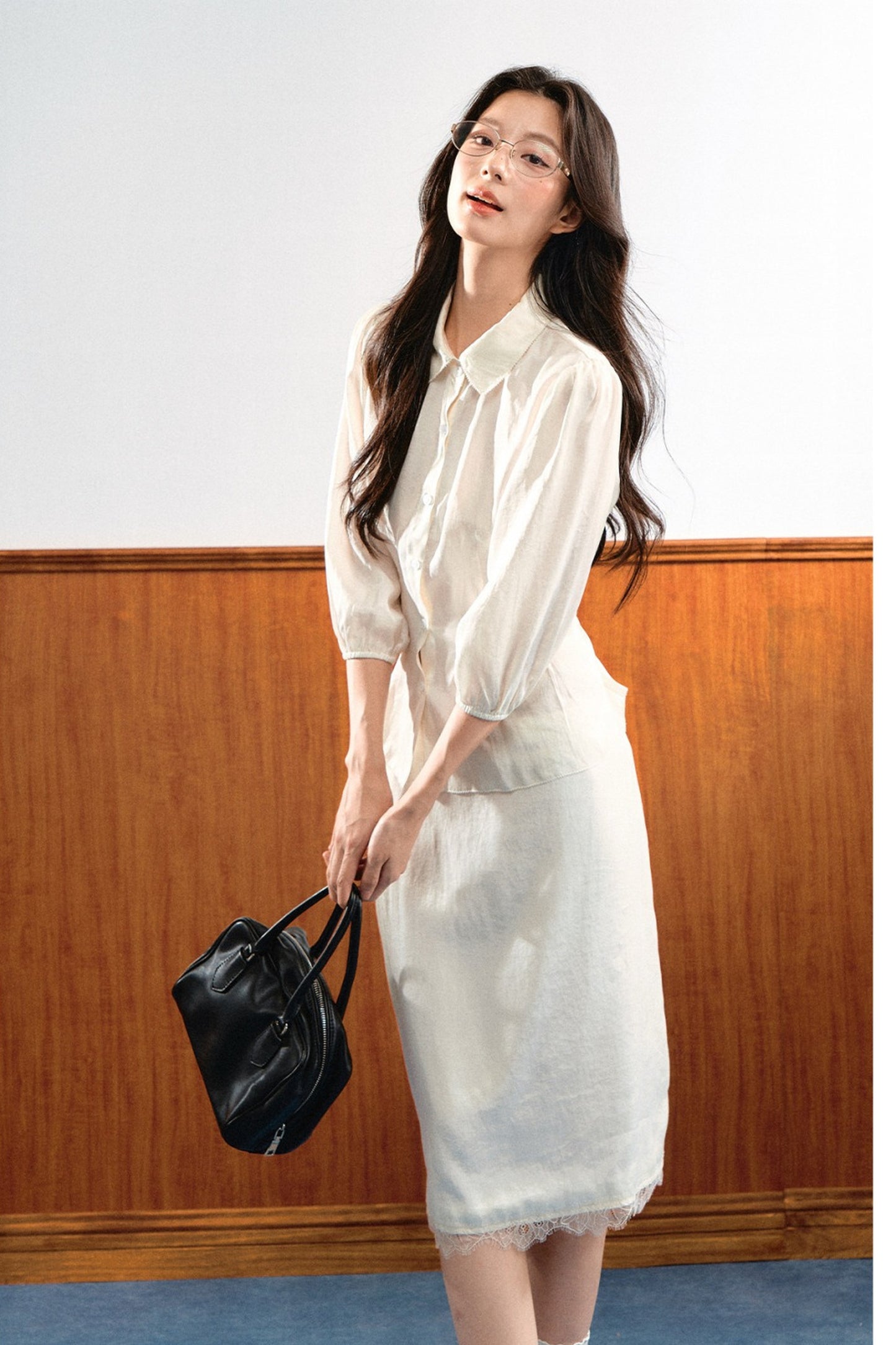 Lace Trim Puff Sleeve Top and Skirt Set-Up