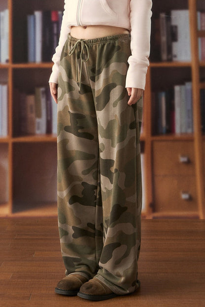 High-Waist Drawstring Camo Wide-Leg Pants