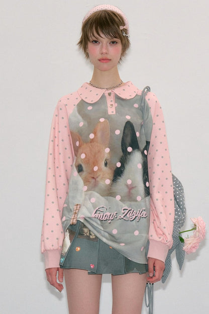 Camiseta rosa con estampado de conejo y lunares