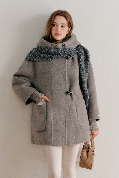 Hooded Horn Button Wool Coat