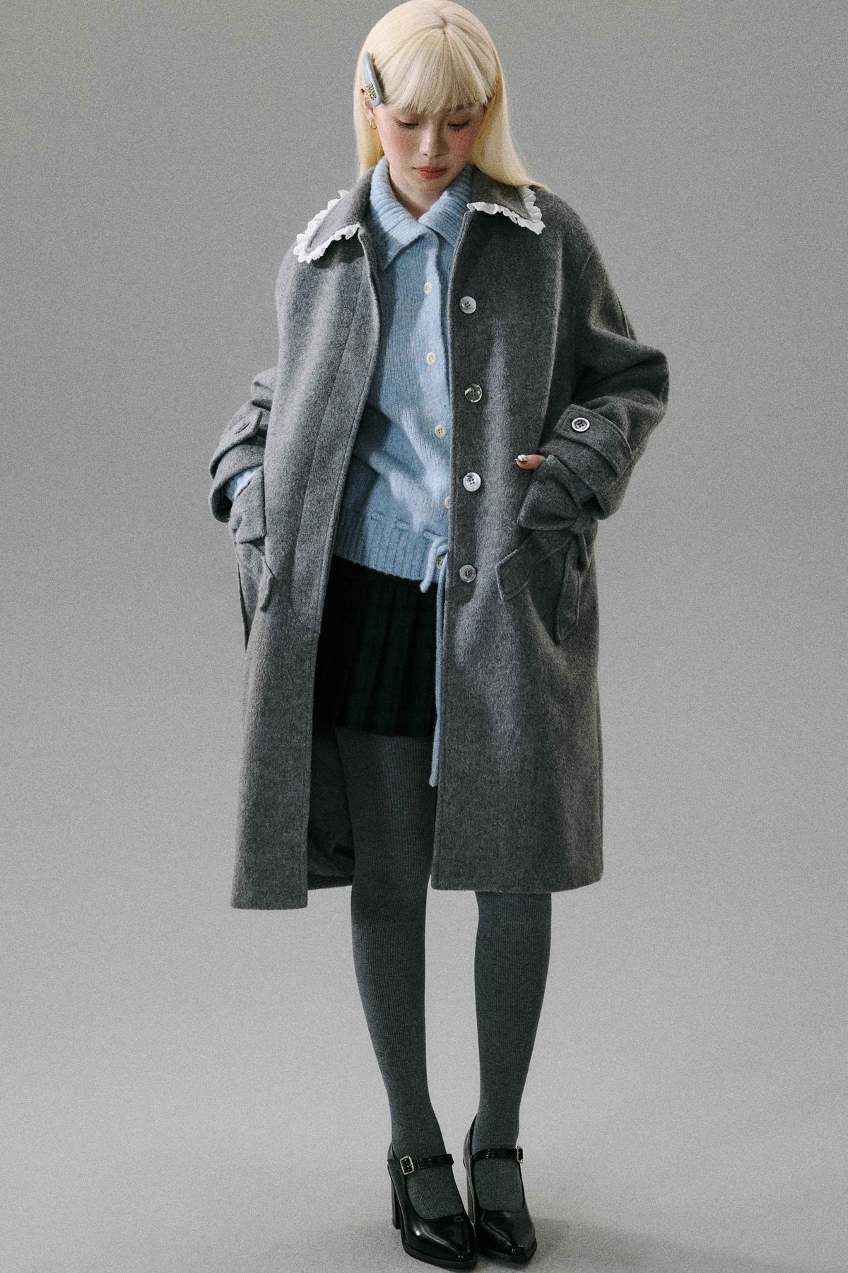 Wool Plaid Pleated Half Skirt