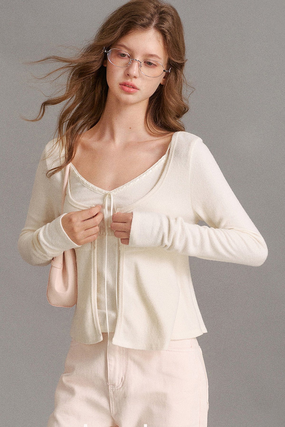 Lace-Up V-Neck Cardigan and Ruffle Hem Vest Set
