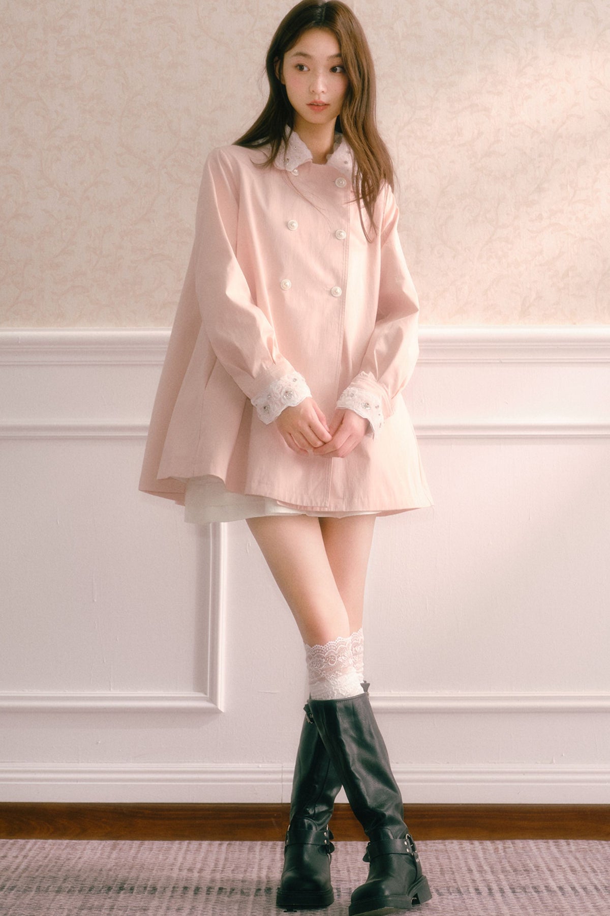 Lace Cuff Pleated Flared Trench Coat