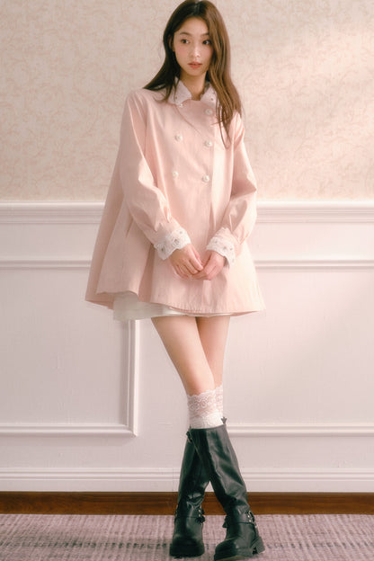Lace Cuff Pleated Flared Trench Coat
