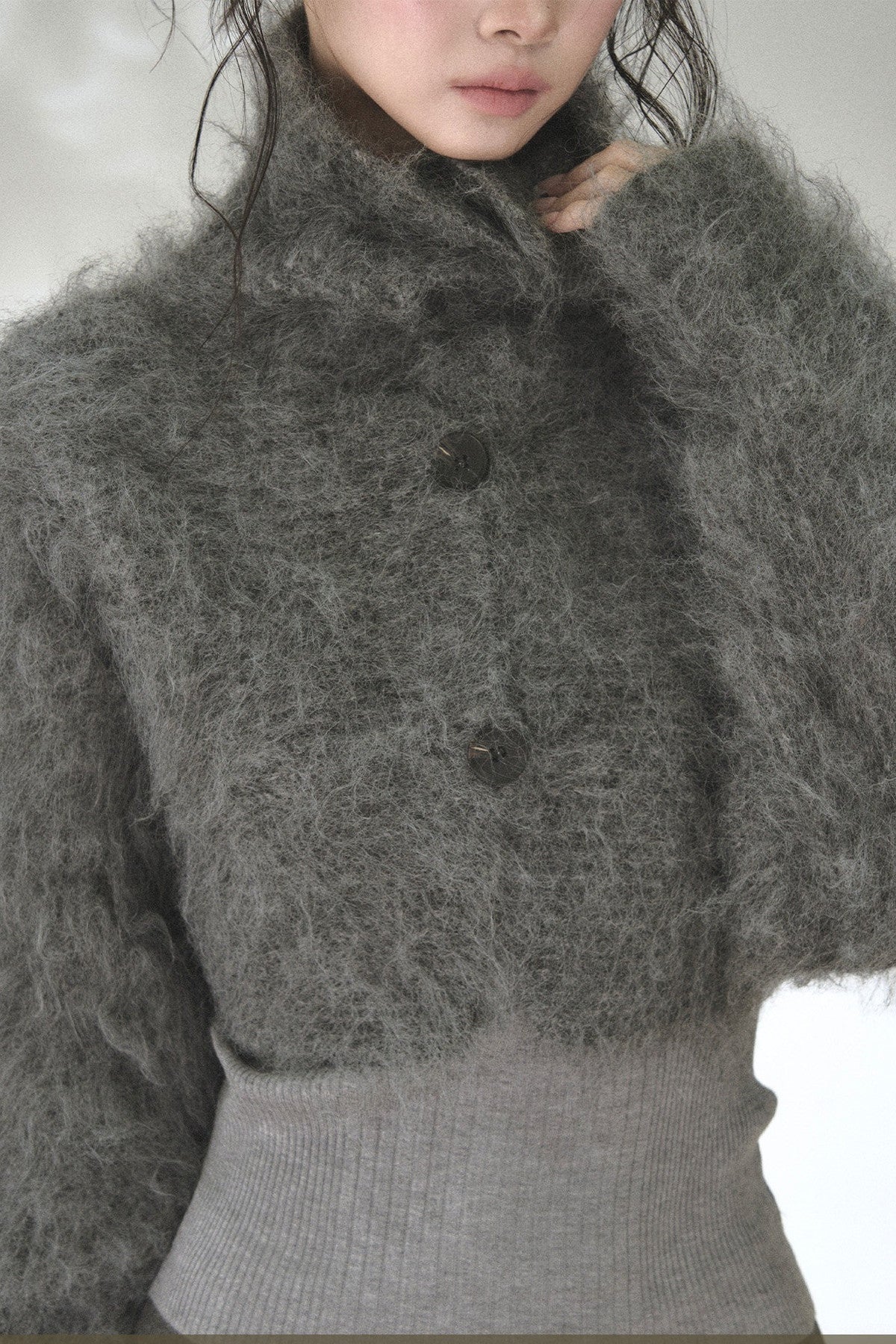 Long-Haired Turtleneck Knit Cardigan