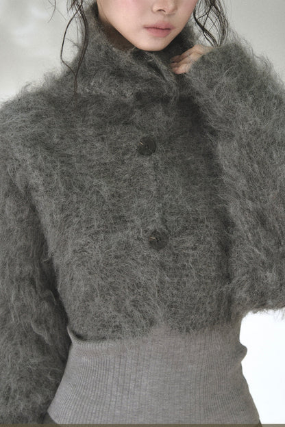Long-Haired Turtleneck Knit Cardigan