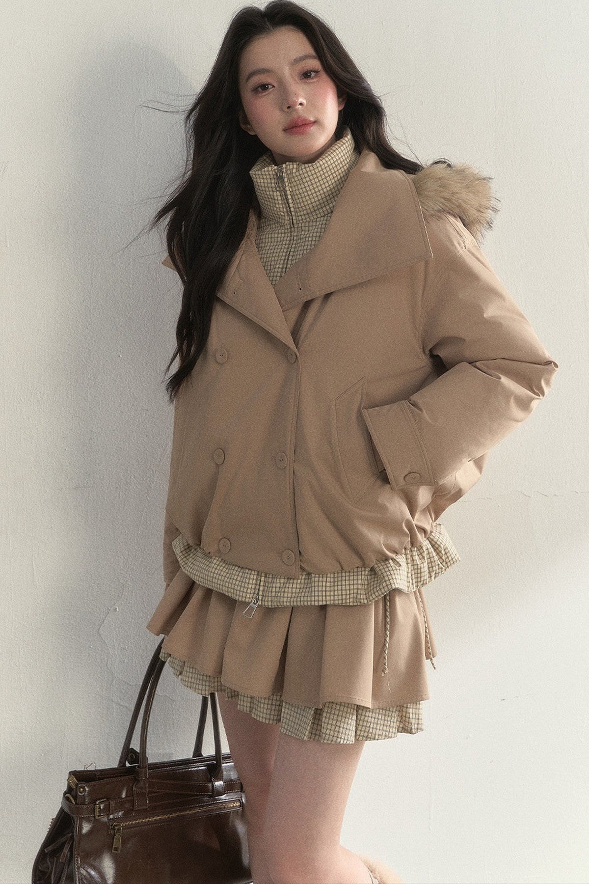 Parka acolchada de cuadros cruzada con estampado de capullos
