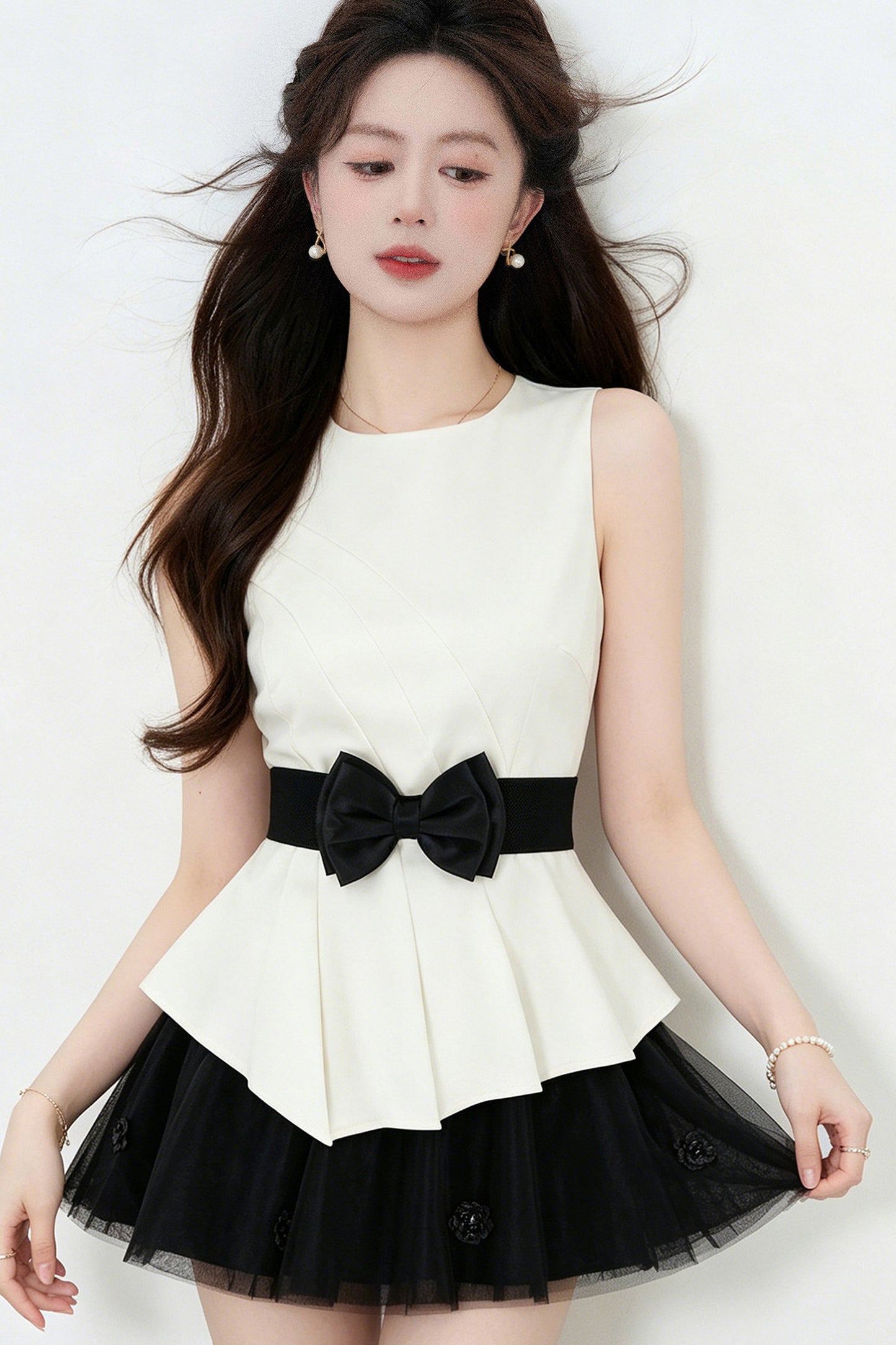 Bowknot Peplum Top and Tulle Skirt Set-Up
