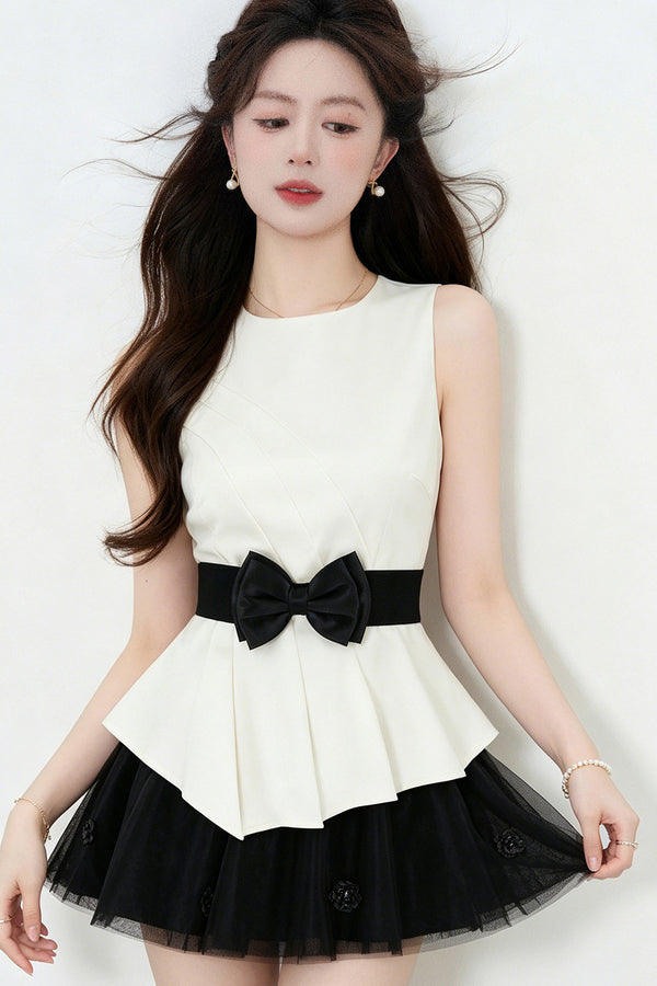 Bowknot Peplum Top and Tulle Skirt Set-Up
