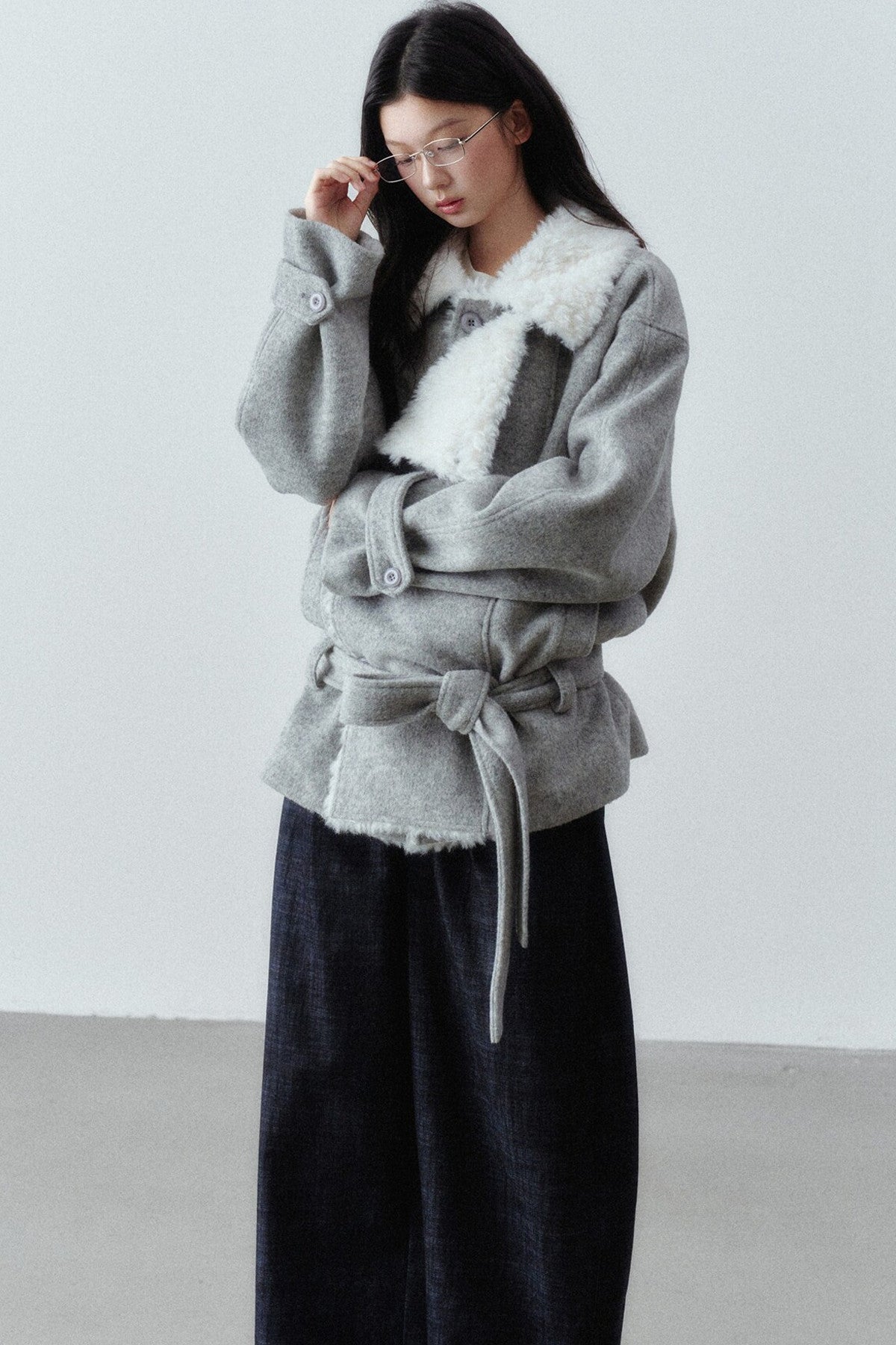 Plush Lapel Woolen Tie-Up Jacket