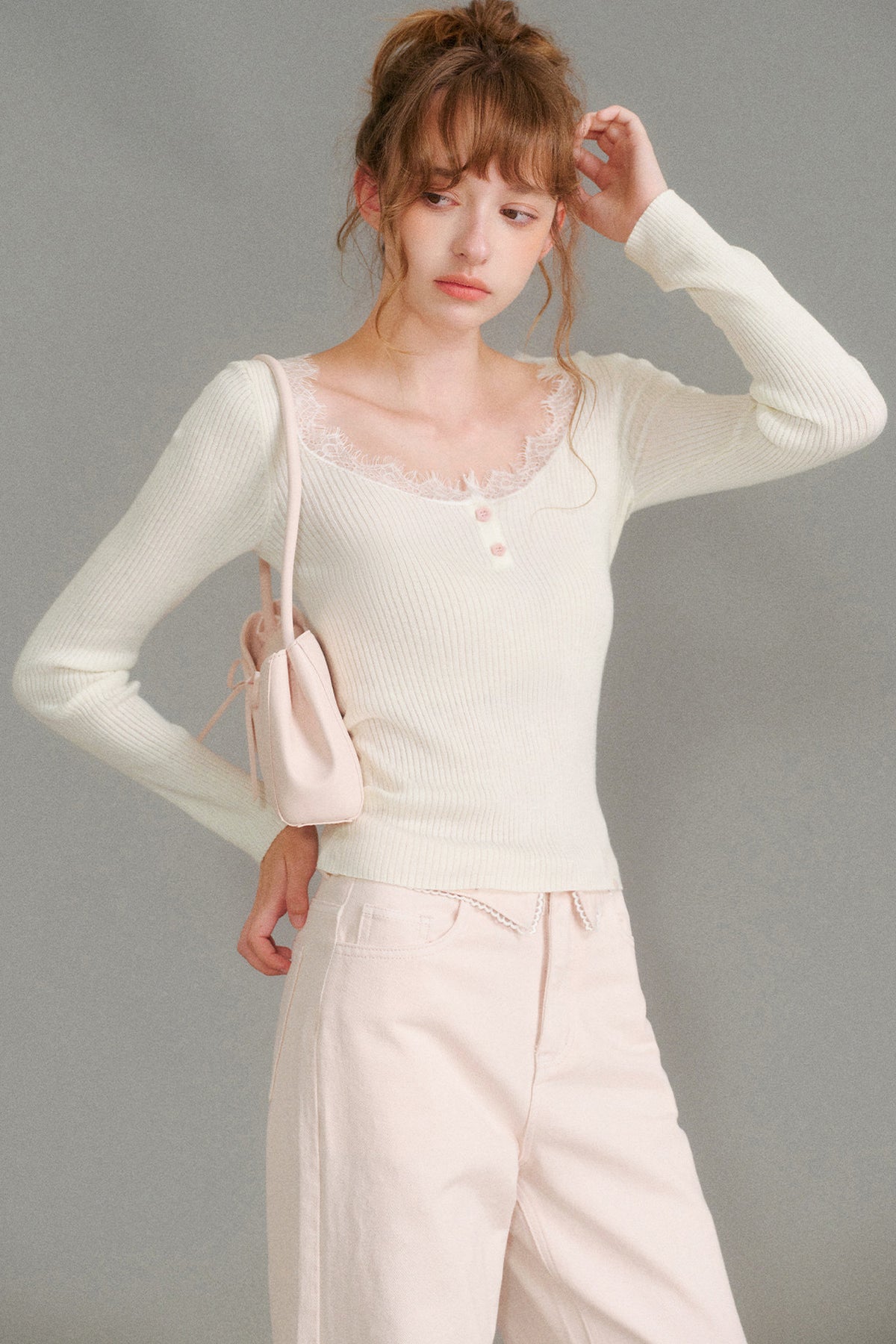 Wool Blend Lace Trim U-Neck Knit Top